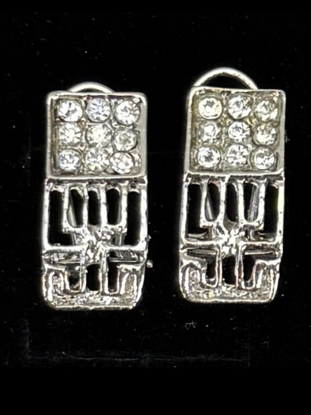 Silvertone rectangular bling Omega Back pierced earrings
